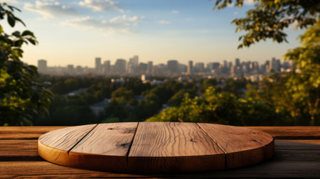 Wooden top with bokeh nature background. Generative AI.の素材