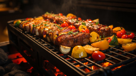 Close up of grill with bunch of food cooking. Generative AI.の素材