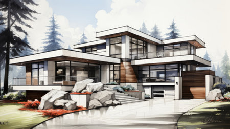 Architectural sketch of a modern house. Generative AI.の素材