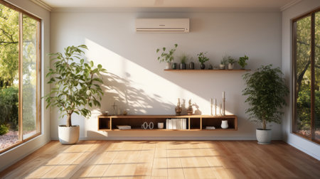 Empty room with hardwood flooring and radiator. Generative AI.の素材