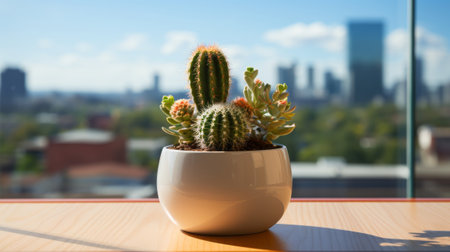 Cactus in pot sitting on window sill next. Generative AI.の素材