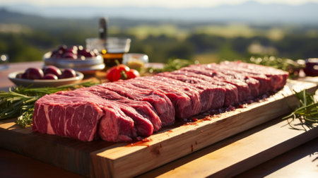 Raw beef lies on a wooden board. Generative AI.の素材