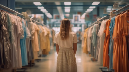 Young girl shopping in a clothing store back view. Generative AI.の素材