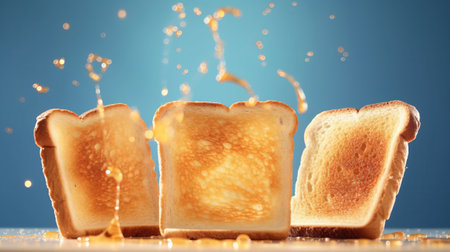 Slices of toast jumping out of the toaster. Generative AI.の素材