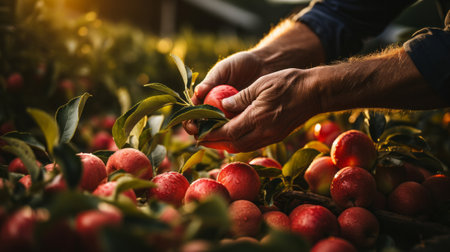 Close up of farmer hands harvesting apple. Generative AI.の素材
