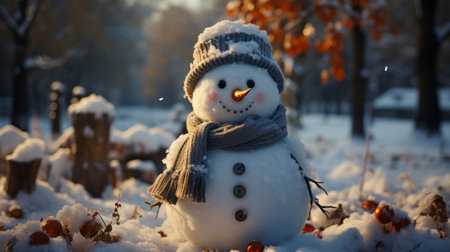 Snowman with carrot in its mouth in the snow. Generative AI.の素材