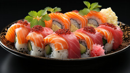 Fresh sushi on a white plate close-up. Generative AI.の素材