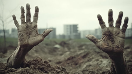 Creepy zombie hands coming out of dirt graves. Generative AI.の素材