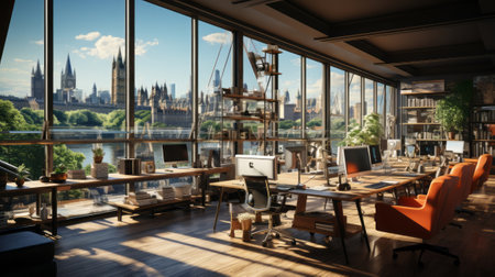 Bright and modern coworking office with wooden. Generative AI.の素材