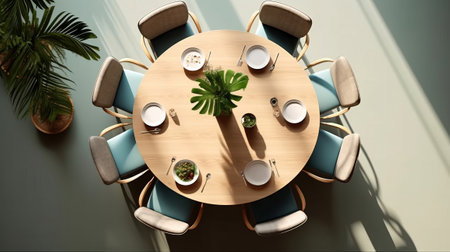 Top view of dining table and chairs. Generative AI.の素材