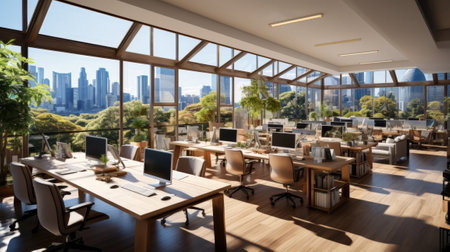 Bright and modern coworking office with wooden. Generative AI.の素材