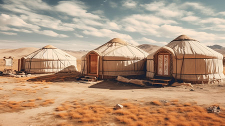 Yurts in the Central Asia landscape. Generative AI.の素材