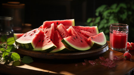 Watermelon cut in half on table. Generative AI.の素材