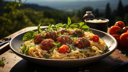 Spaghetti pasta with meatballs and tomato sauce. Generative AI.の素材