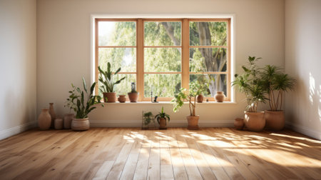 Empty room with hard wood flooring and radiator. Generative AI.の素材