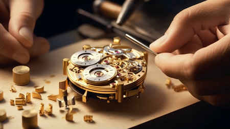 Watchmaker working on delicate gold watch piece close-up. Generative AI.の素材
