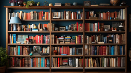 Bookshelf filled with lots of books. Generative AI.の素材