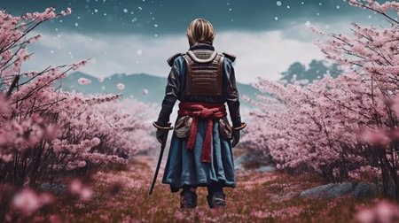 Samurai in a blooming garden back view. Generative AI.の素材