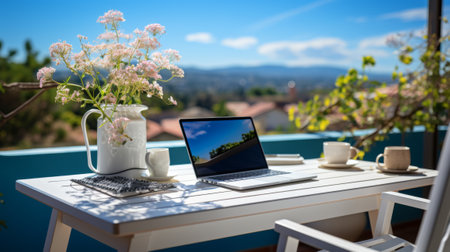White desk with chair and laptop computer. Generative AI.の素材