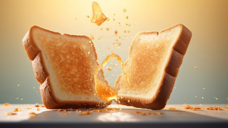 Slices of toast jumping out of the toaster. Generative AI.の素材