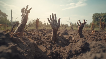 Creepy zombie hands coming out of dirt graves. Generative AI.の素材
