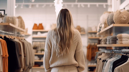 Young girl shopping in a clothing store back view. Generative AI.の素材