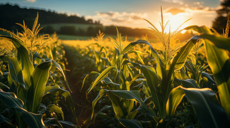 Corn field is shown with the sun shining. Generative AI.の素材