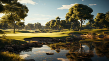 Golf course with flag and hole with sunlight. Generative AI.の素材