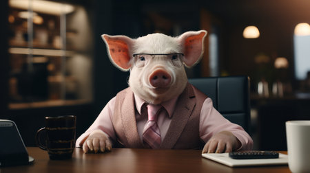 A pig in a suit and tie sits at a table. Generative AI.の素材