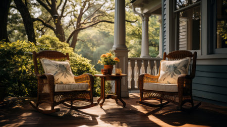 Porch with rocking chairs. Generative AI.の素材