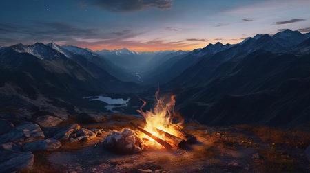 Campfire At The Top of the mountain. Generative AI.の素材
