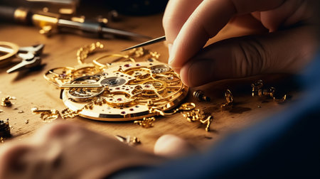 Watchmaker working on delicate gold watch piece close-up. Generative AI.の素材