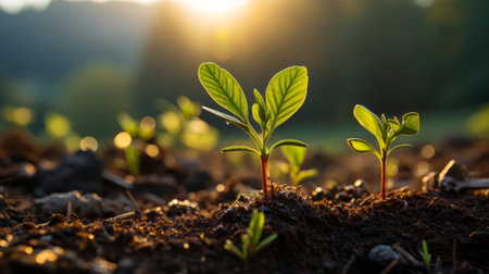 Young plant with dawn light on the ground. Generative AI.の素材