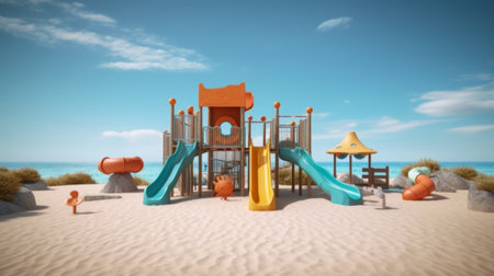 Outdoor play area with a slides on the beach. Generative AI.の素材