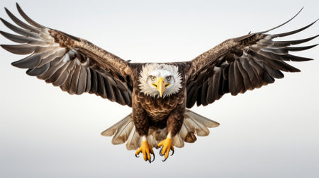 Bald eagle flying isolated on white background. Generative AI.の素材