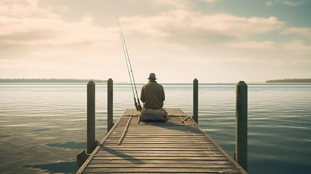 Fisherman with his fishing rod sitting on the dock. Generative AI.の素材