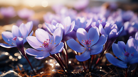 Spring flowers of blue crocuses close-up. Generative AI.の素材