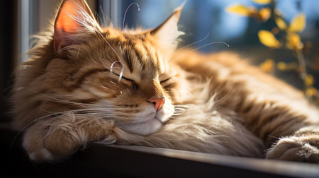 Cat sleeping on window sill close-up. Generative AI.の素材