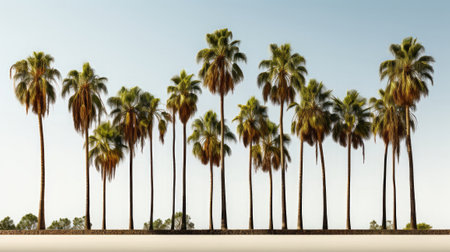 Row of palm trees isolated on white background. Generative AI.の素材