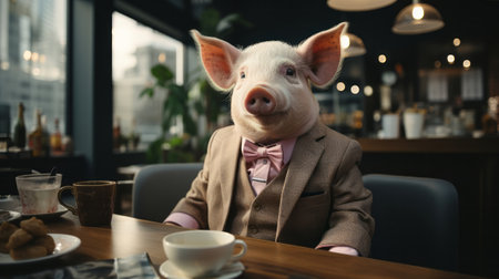 A pig in a suit and tie sits at a table. Generative AI.の素材