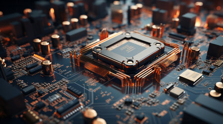 Close up view of computer motherboard with man. Generative AI.の素材