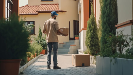 Delivery man stands with a parcel near the door. Generative AI.の素材