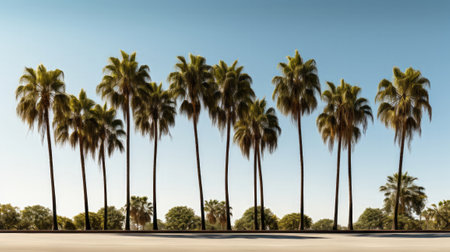 Row of palm trees isolated on white background. Generative AI.の素材