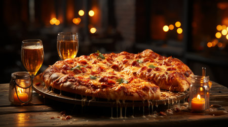 Heart shaped pizza sitting on wood table. Generative AI.の素材