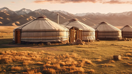 Yurts in the Central Asia landscape. Generative AI.の素材