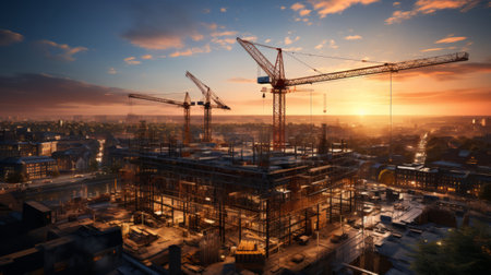 Construction cranes silhouette at sunset. Generative AI.の素材