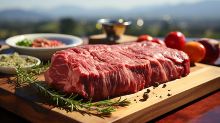 Raw beef lies on a wooden board. Generative AI.の素材