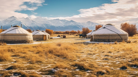 Yurts in the Central Asia landscape. Generative AI.の素材