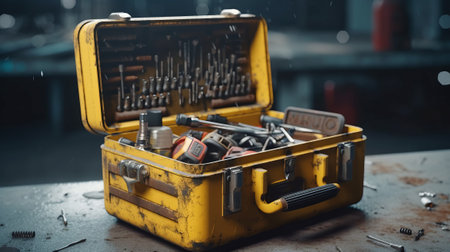 Modern toolbox in construction site close-up. Generative AI.の素材