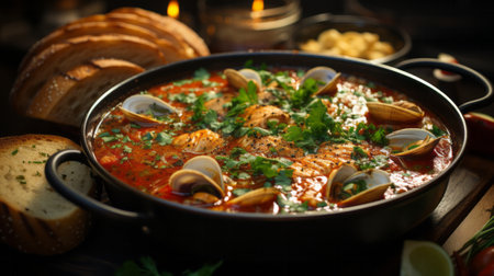 Close-up Cioppino soup with clam meat. Generative AI.の素材